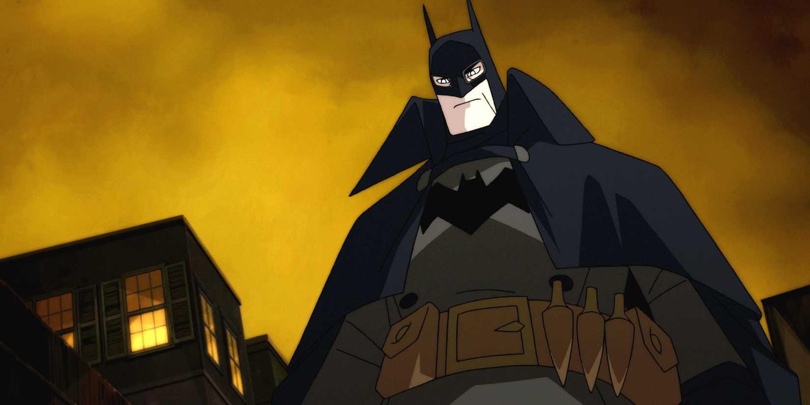 Batman backlit by a yellow sky in Gotham By Gaslight