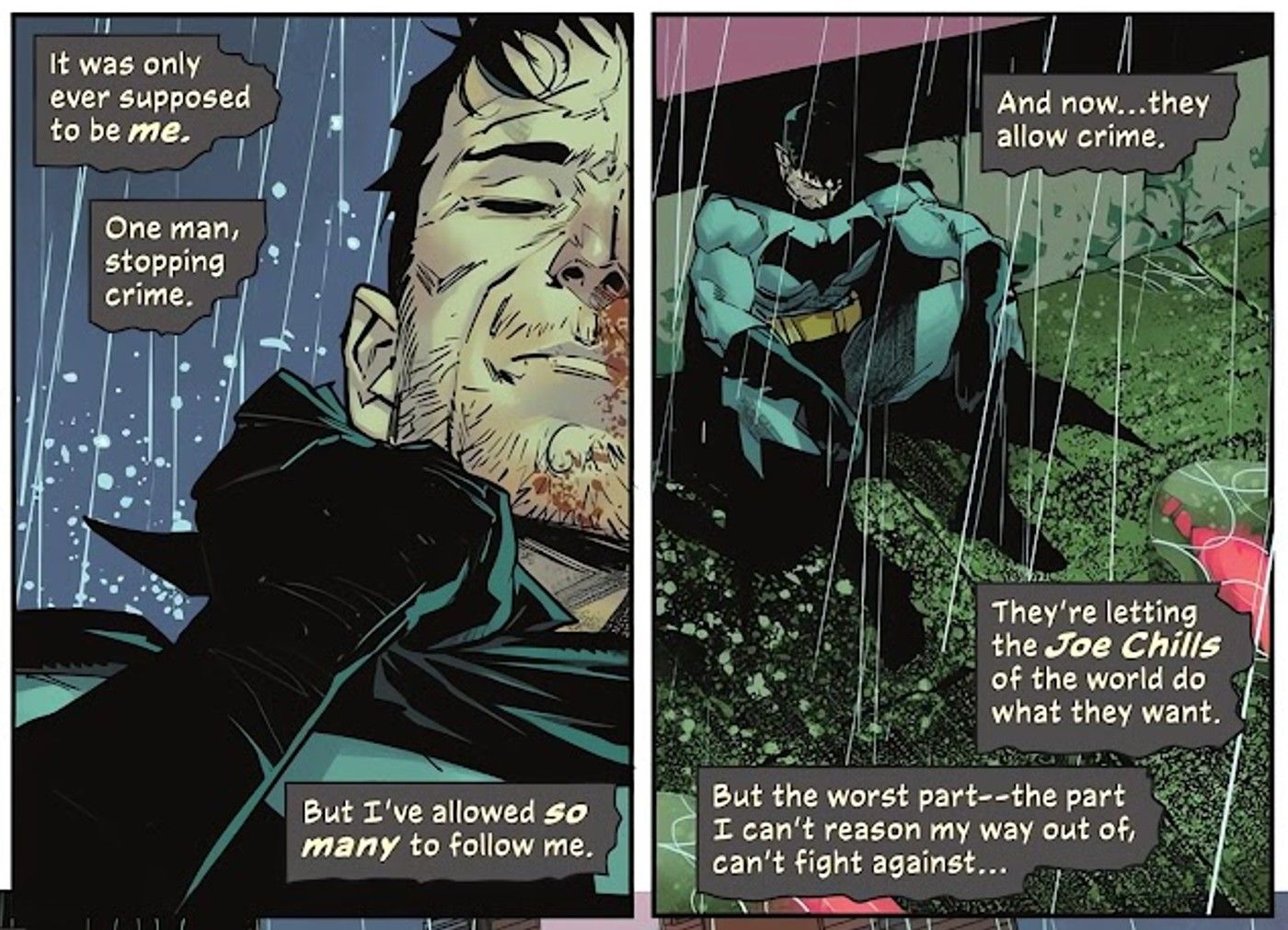 Batman reflete na chuva sobre a família dos morcegos