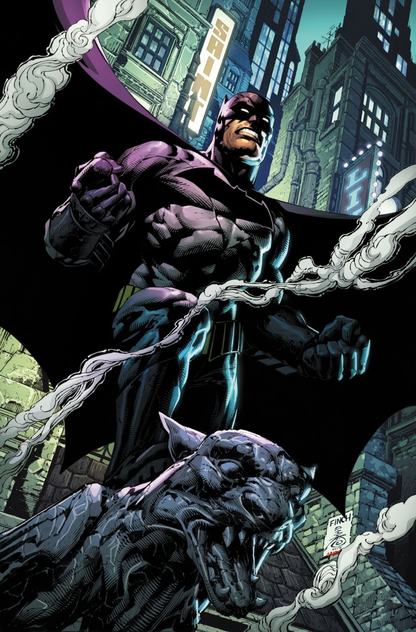 Batman with a furious look on his face against a grim Gotham backdrop