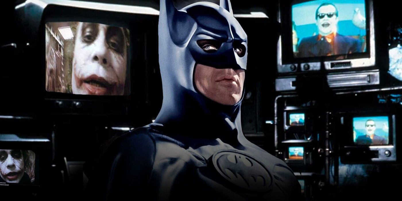Batman with the Jokers on TV screens