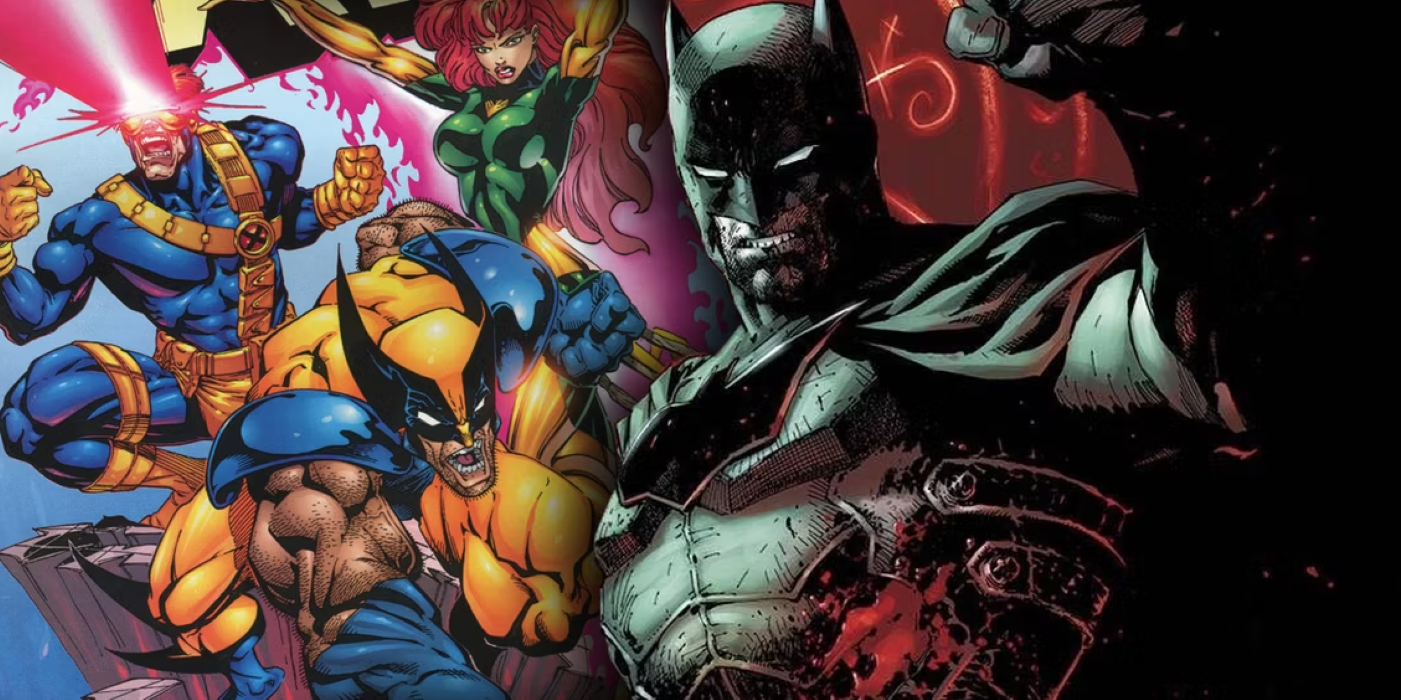 Batman in the foreground on the right; X-Men Wolverine, Cyclops, and Jean Grey on the left