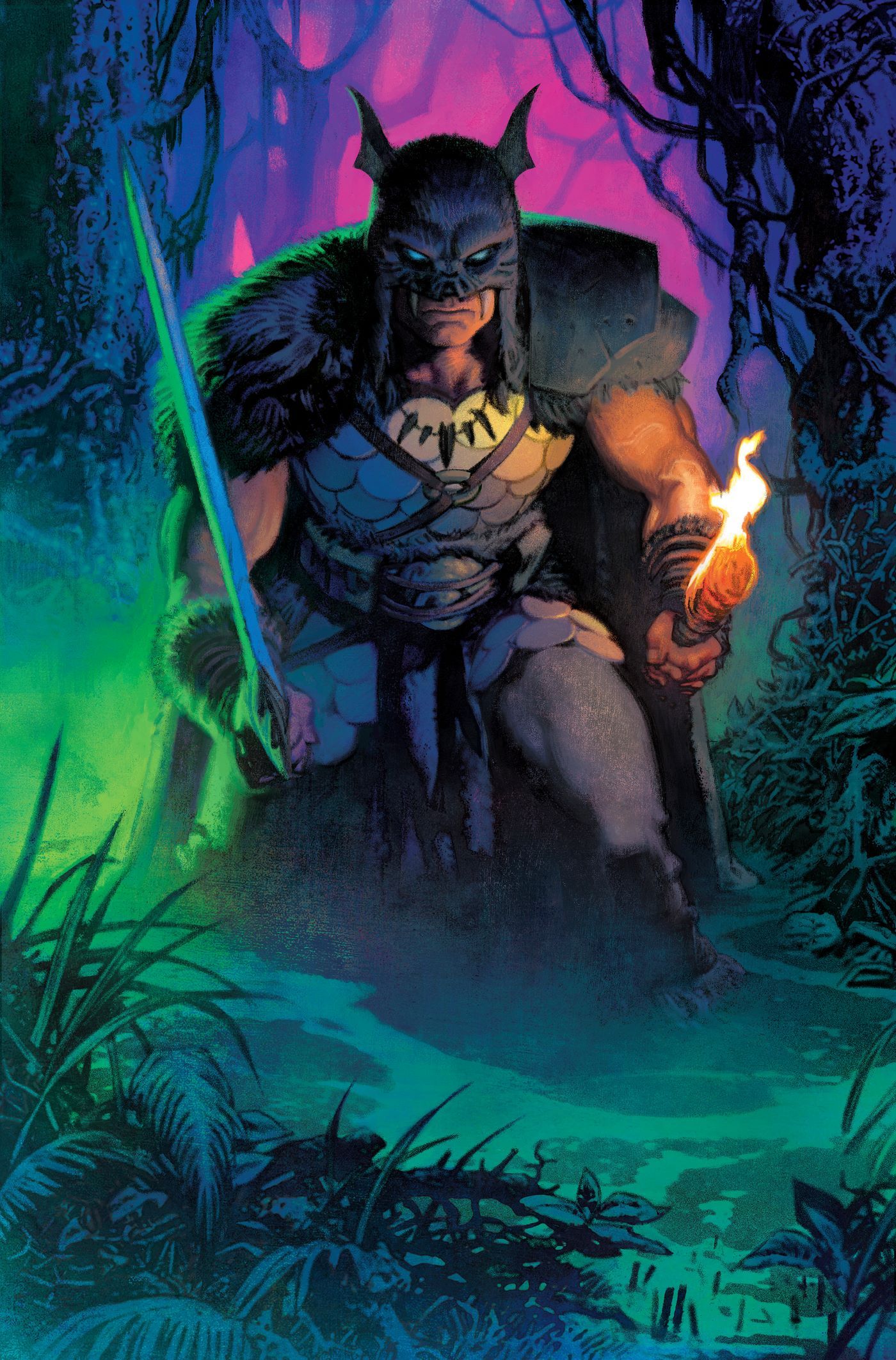 Batman the Barbarian creeping through a primitive forest