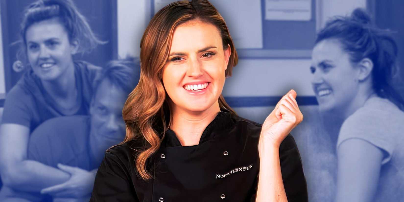 Below Deck Down Under Chef Tzarina Mace-Ralph in black chef uniform amid grayscale montage