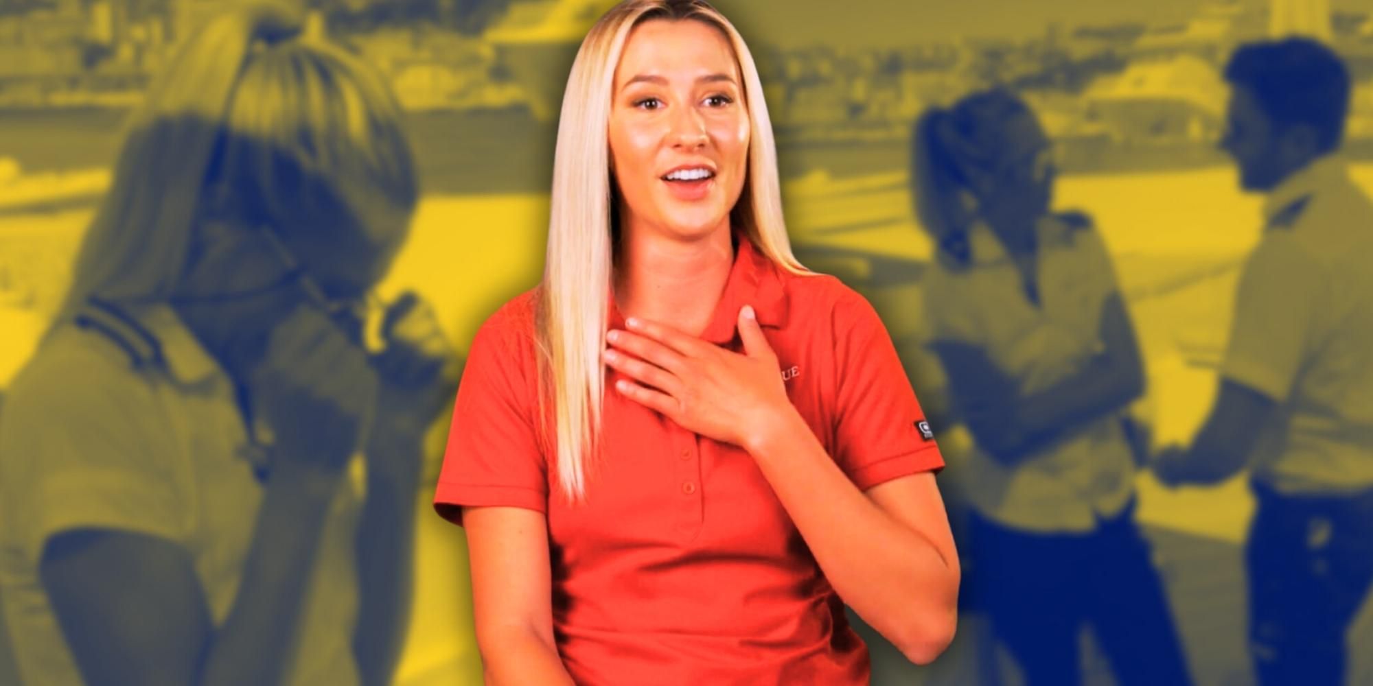 Below Deck Med season 8's Lara Du Preez in a confessional wearing a red shirt holding her hand over her chest