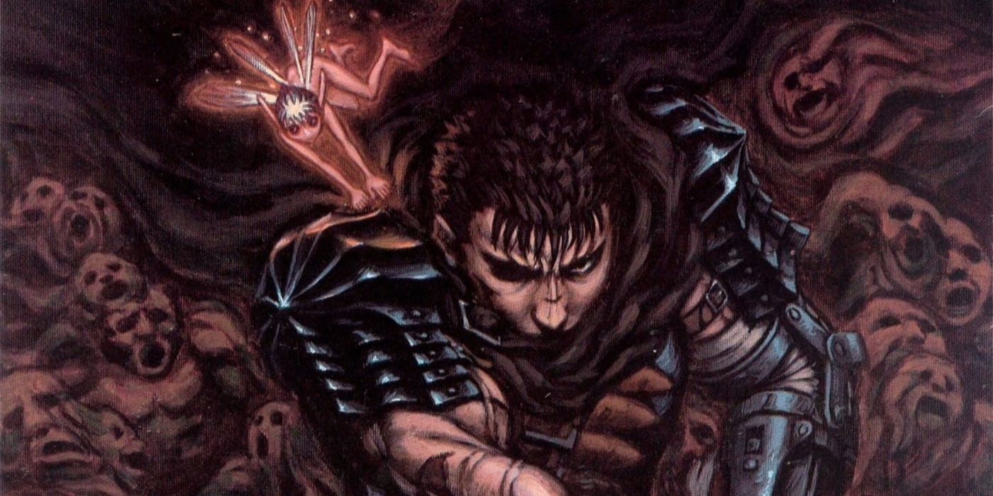 Berserk manga illustration featuring Guts and an elf companion standing in front of a horde of creatures.