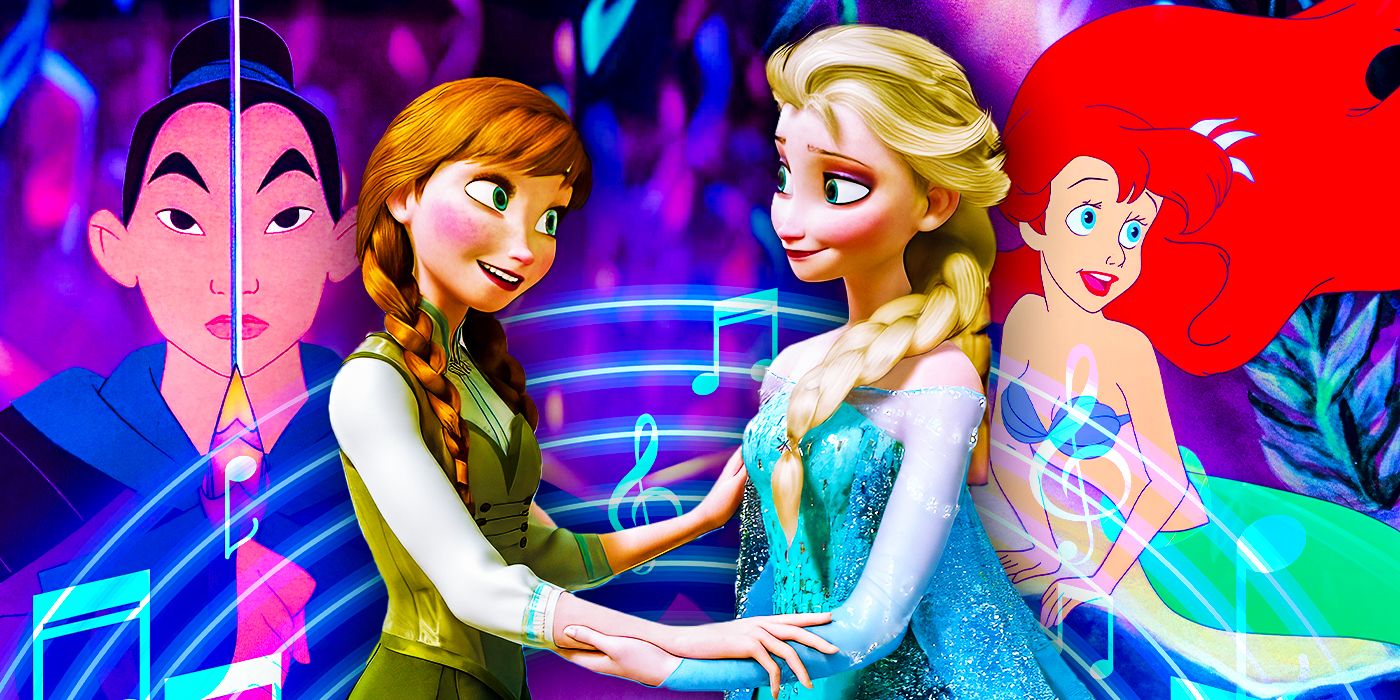 A composite image features Mulan, Anna, Elsa, and Ariel in Disney's animated movies with music notes over them