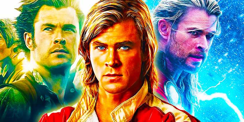 Collage of Chris Hemsworth roles including Thor