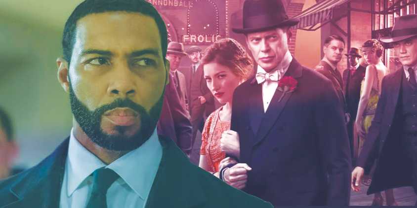 Blended image of James St. Patrick in Power and promotional artwork of the cast of Boardwalk Empire.