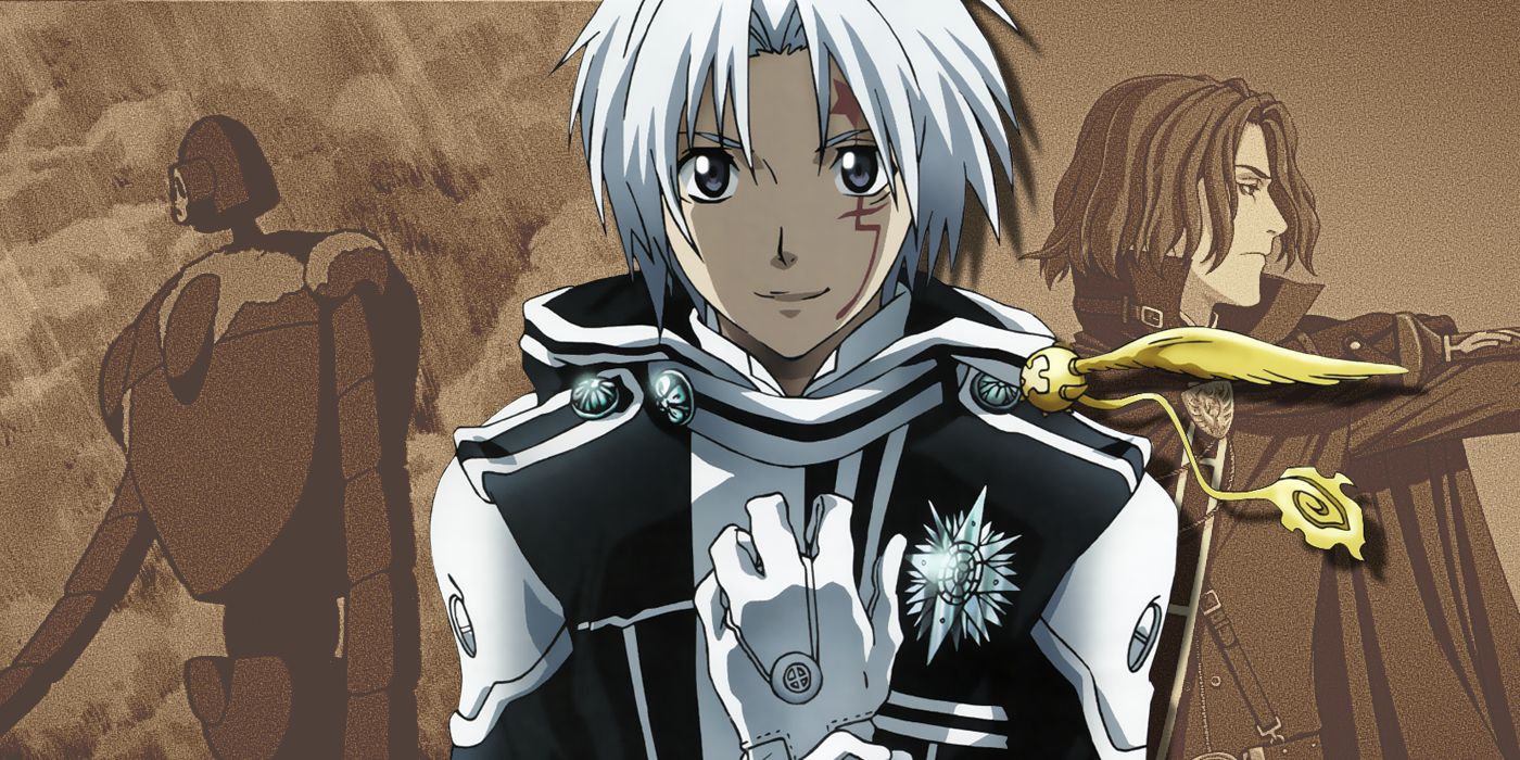 D. Gray Man's main character standing in front of sepia tone images from Last Exile and Castle in the Sky.