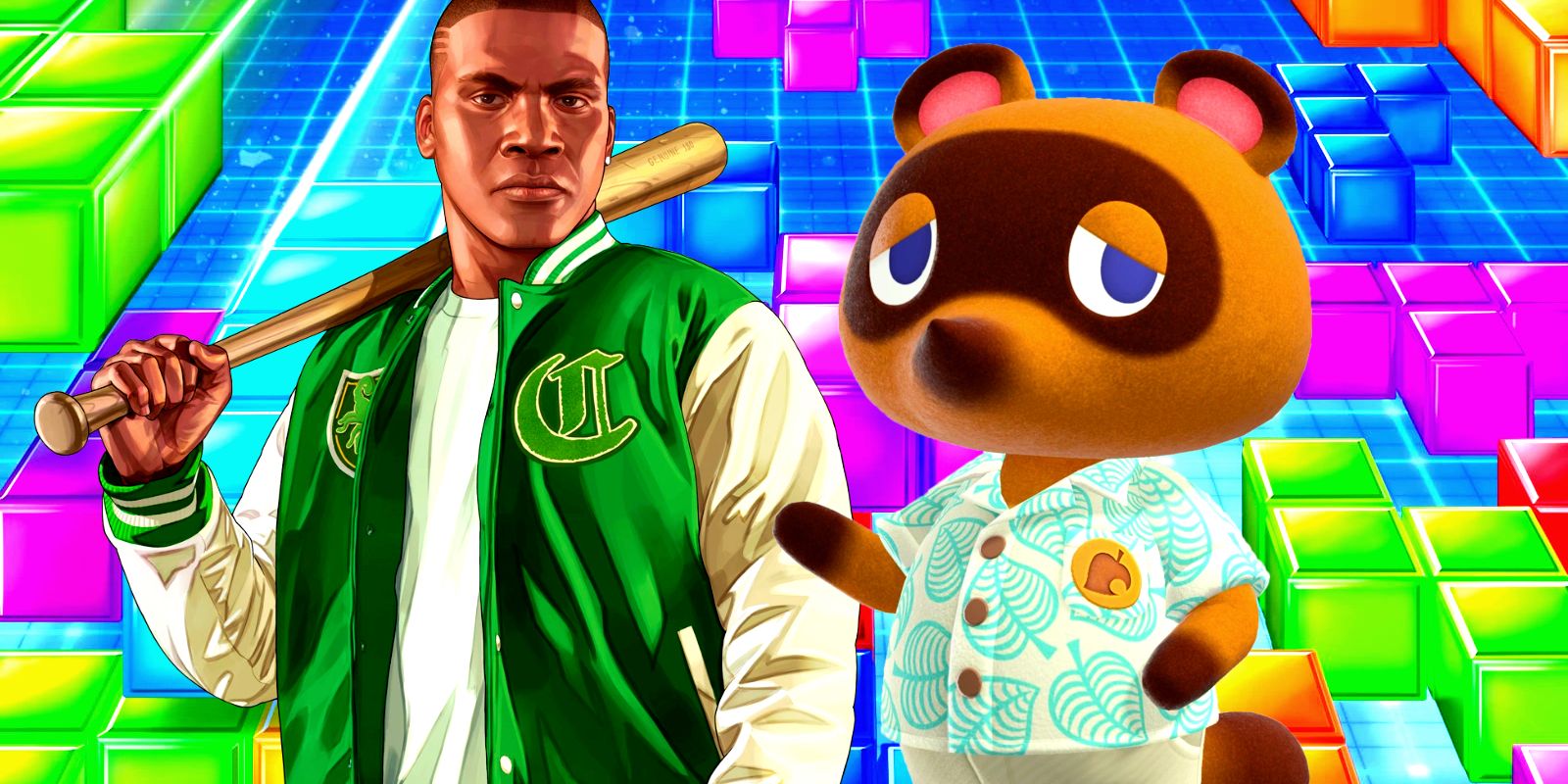 Franklin from GTA 5 holding a baseball bat next to Tom Nook from Animal Crossing. Both are in front of a vibrant background showing Tetrominos falling into place.