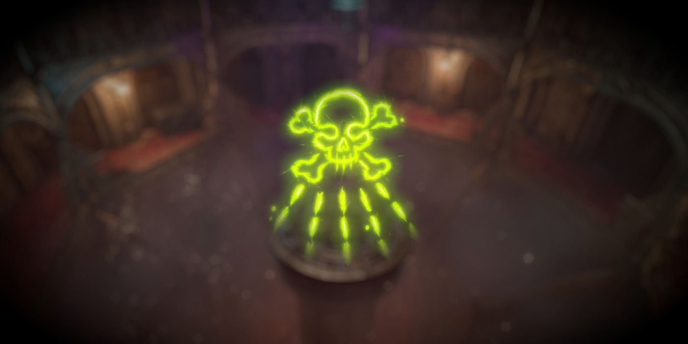 BG3 Poison Spray icon: a skull over green rays of poison