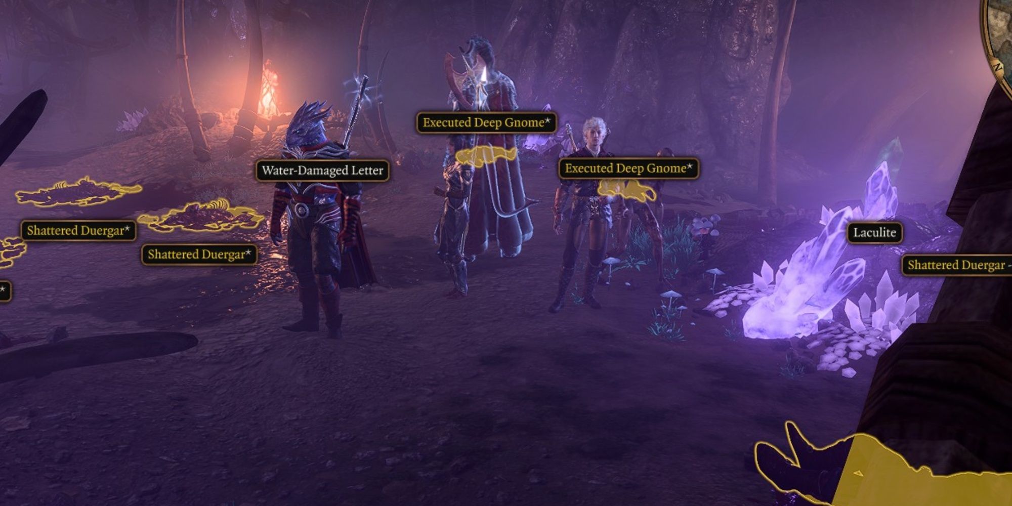 A variety of corpses highlighted with labels in a screenshot from Baldur&rsquo;s Gate 3.