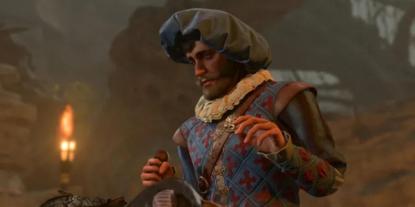 Volo the bard hovers over his patient, looking worried in a screenshot from Baldur's Gate 3.