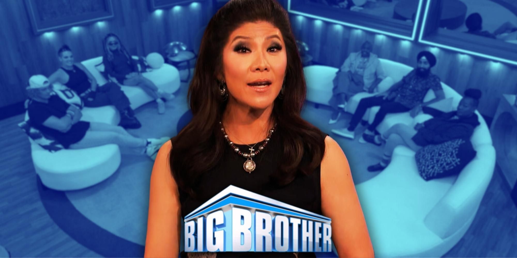 Big Brother host Julie Chen Moonves talks, with season 25 houseguests seated behind her.