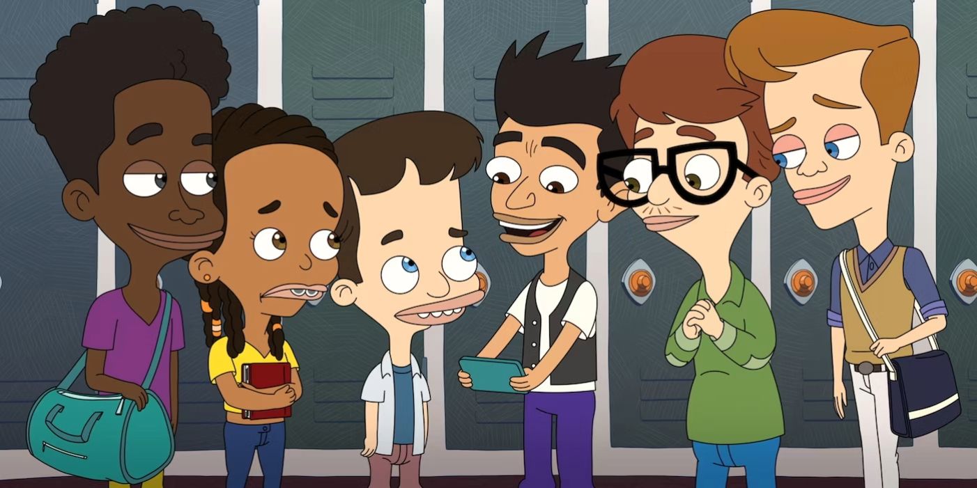 The main characters from Big Mouth standing in front of lockers