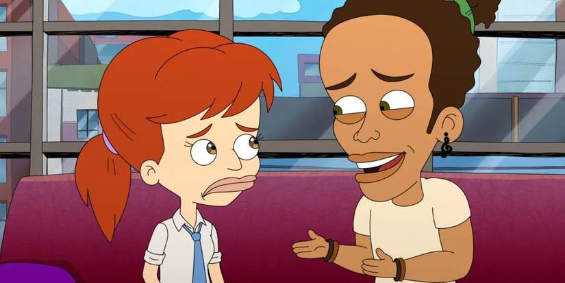 Jessi and Michelangelo talking on a couch in Big Mouth.