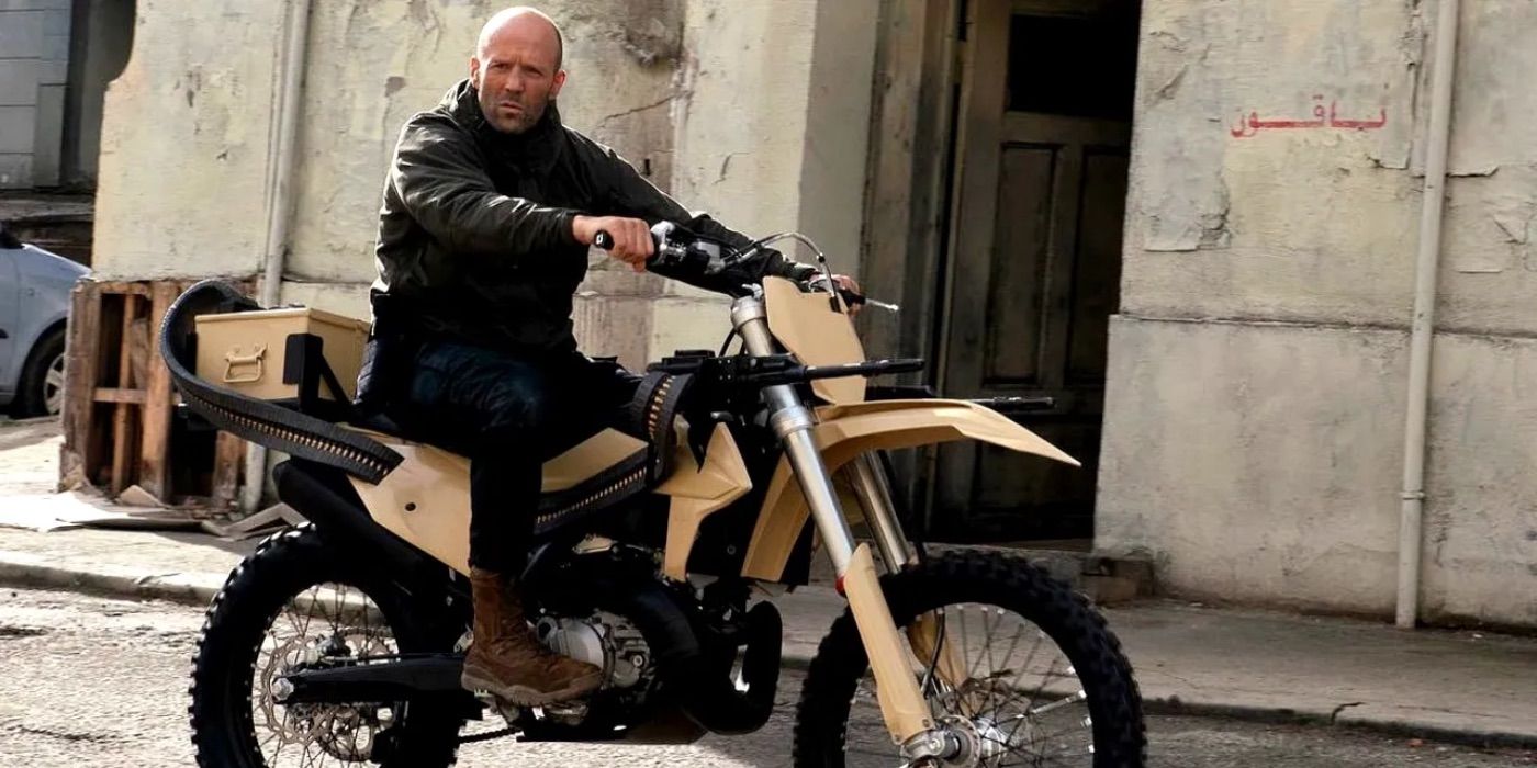 Jason Statham on a motorbike in The Expendables 4.