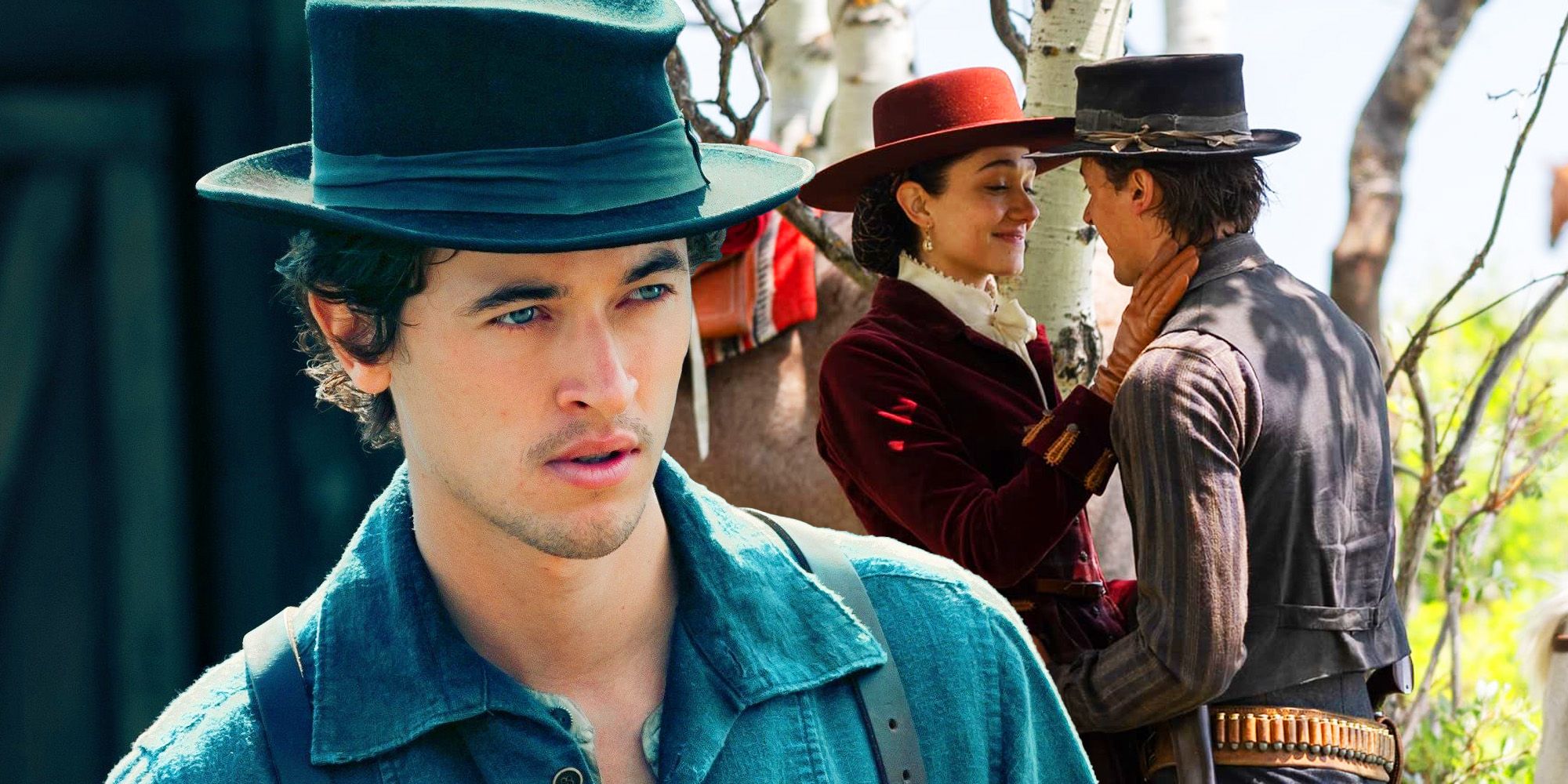 A composite image of Billy imposed over a picture of Billy and Dulcinea embracing in Billy the Kid