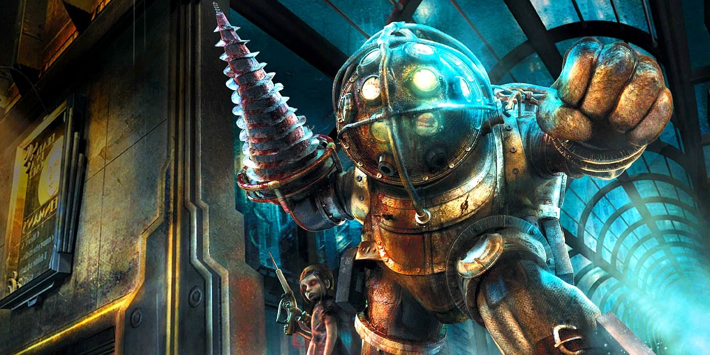 A Big Daddy and Little Sister in BioShock.