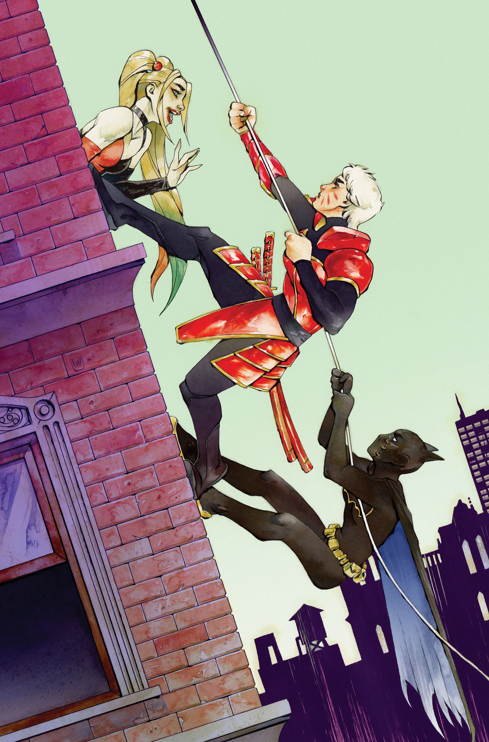 Zannah and Cassandra Cain climb a building in the style of Adam West&rsquo;s Batman and Robin - only for Harley to poke her head out of a window and wave hello.