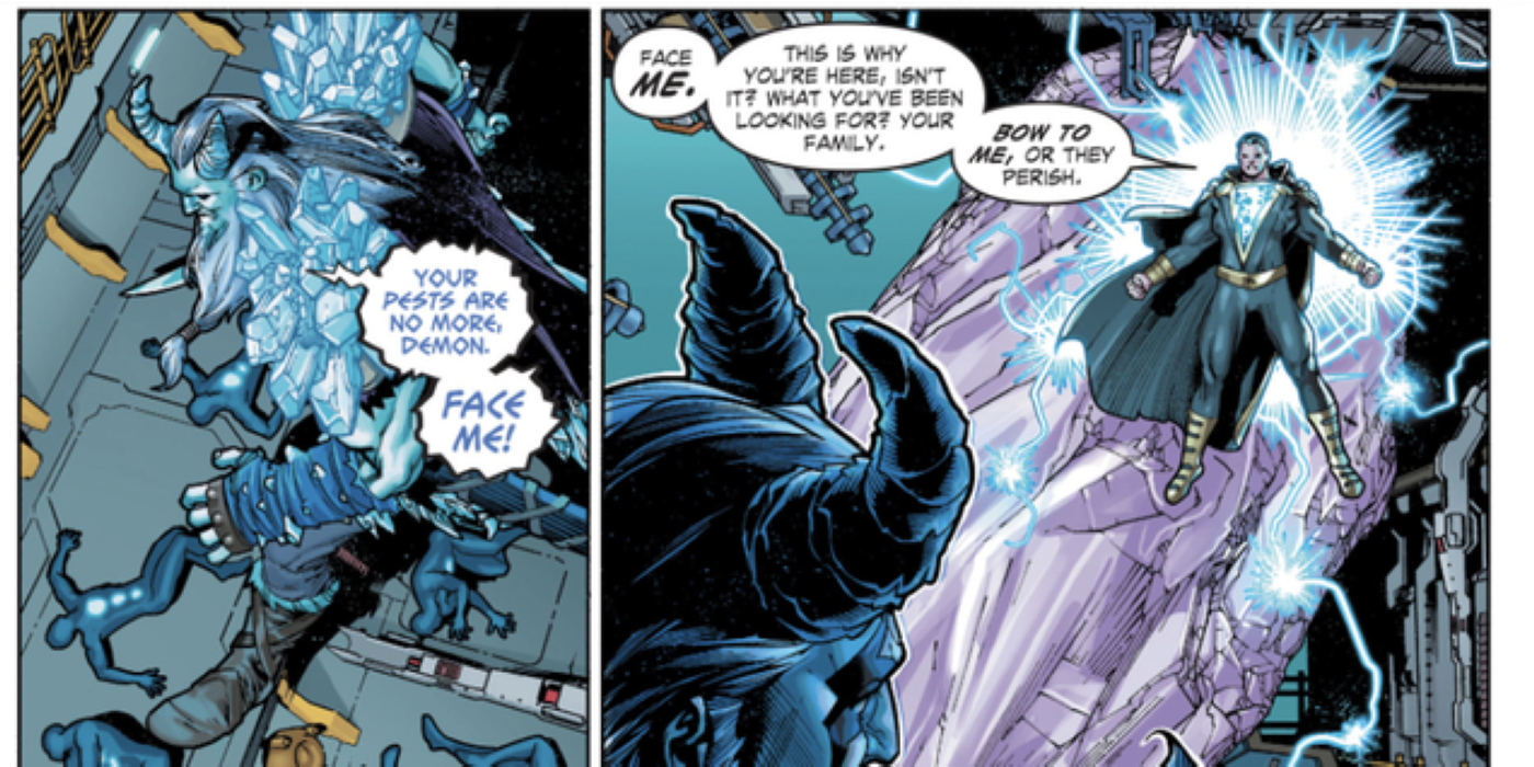 Black Adam telling a Frost Giant to bow to him, from DC's Endless Winter.