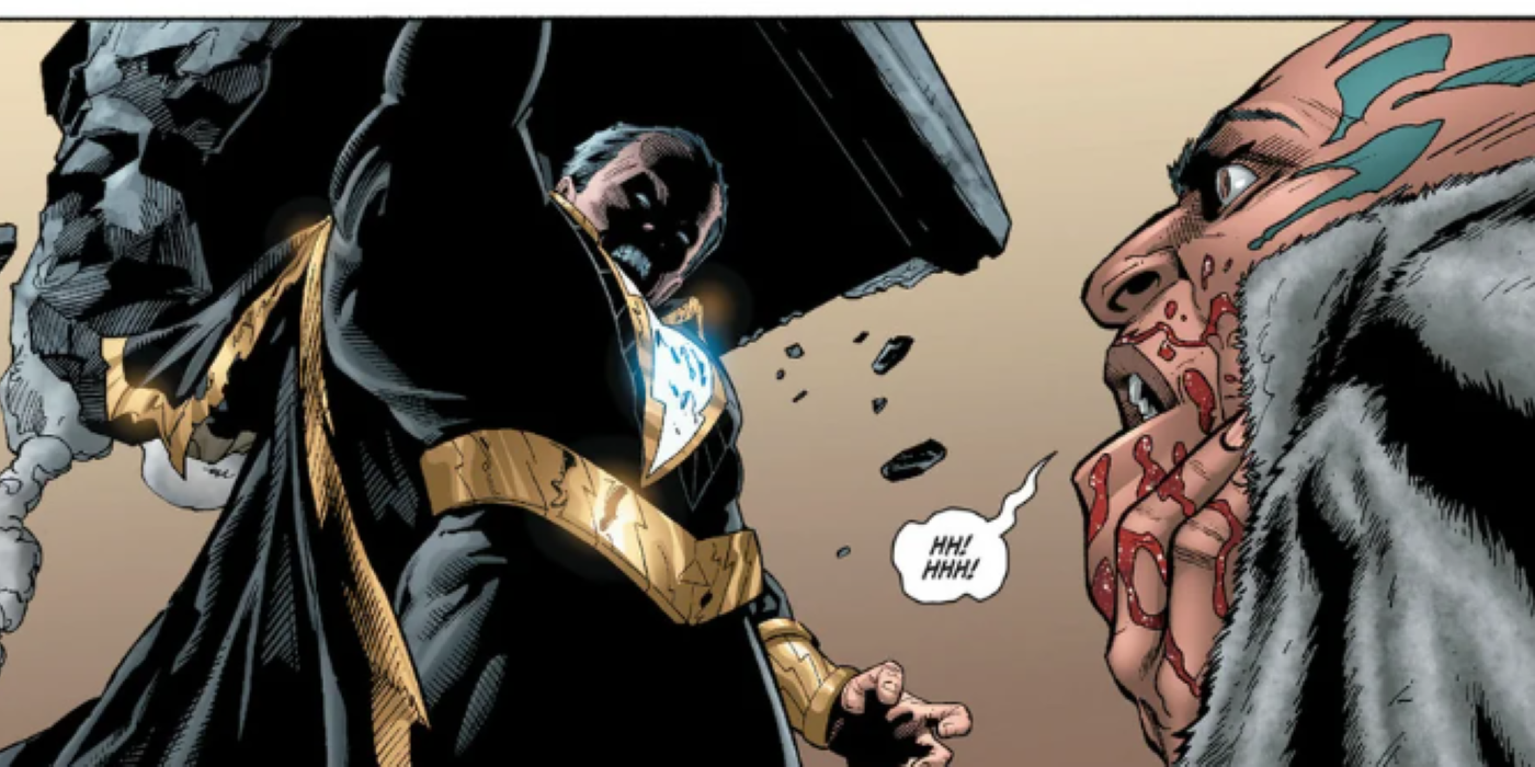 Black Adam about to use his own throne to crush an opponent to death