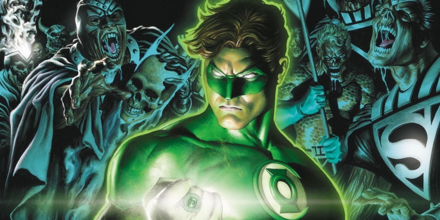  Green Lantern Hal Jordan in front of zombie versions of the Justice League.