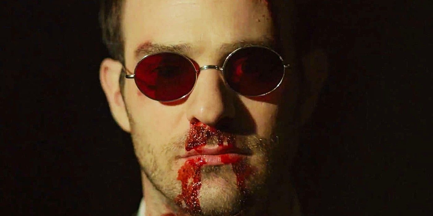 Charlie Cox&rsquo;s Matt Murdock with red glasses and blood running from his nose.