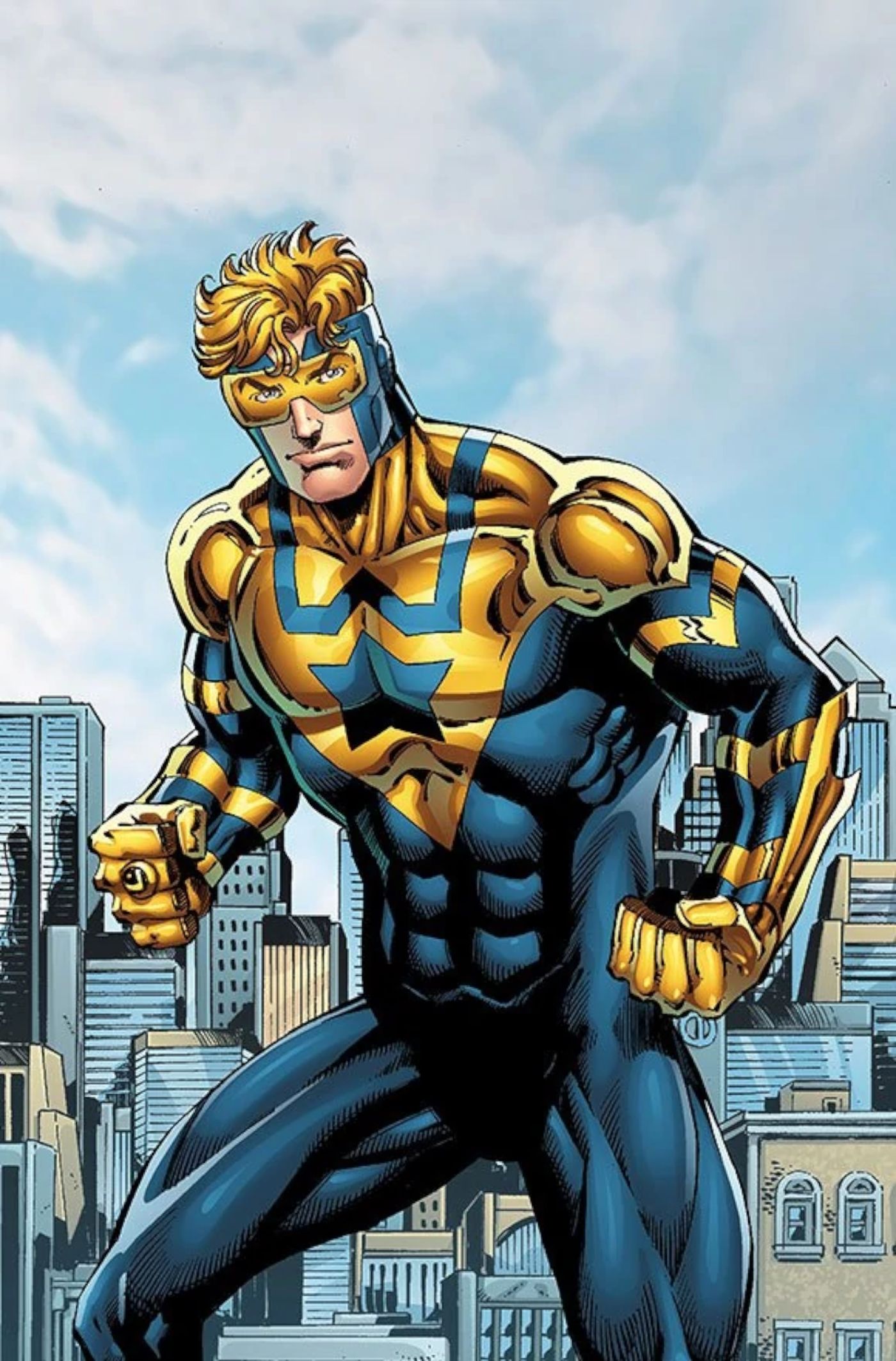 Booster Gold, DC Hero, in front of city skyline