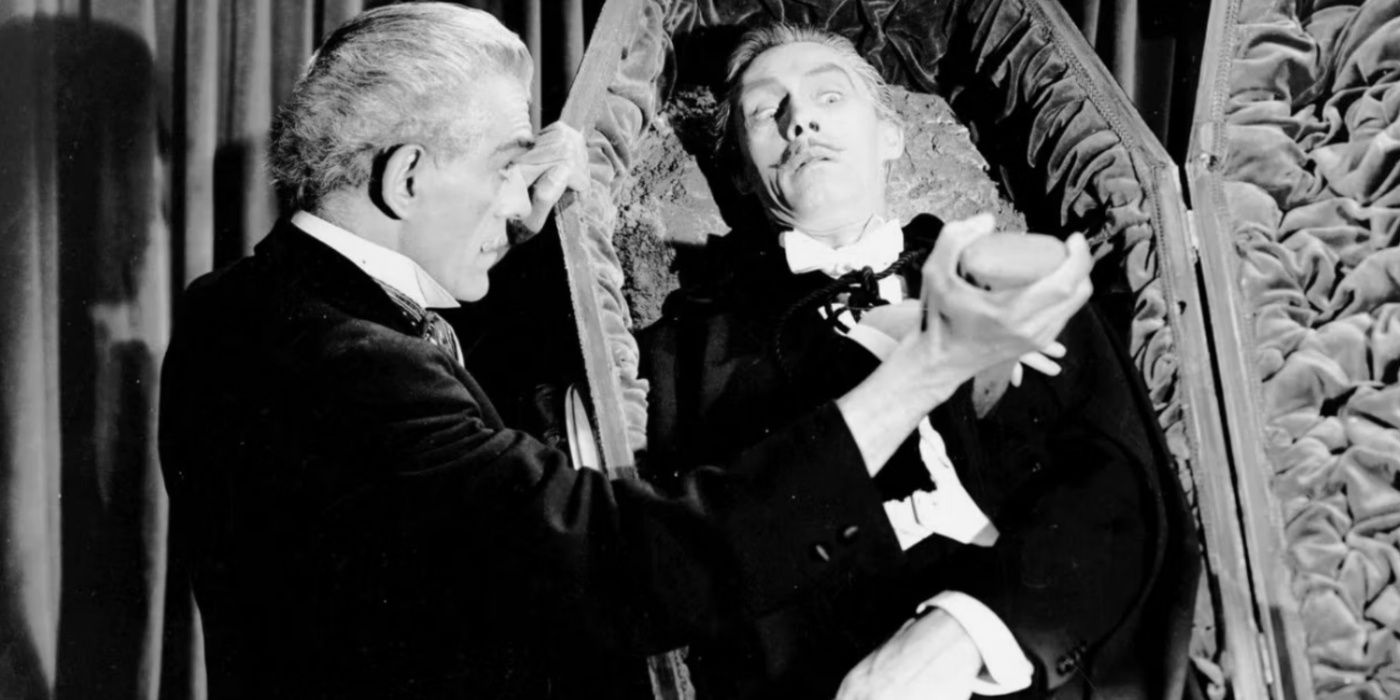Boris Karloff removes the stake from Dracula's heart in House of Frankenstein