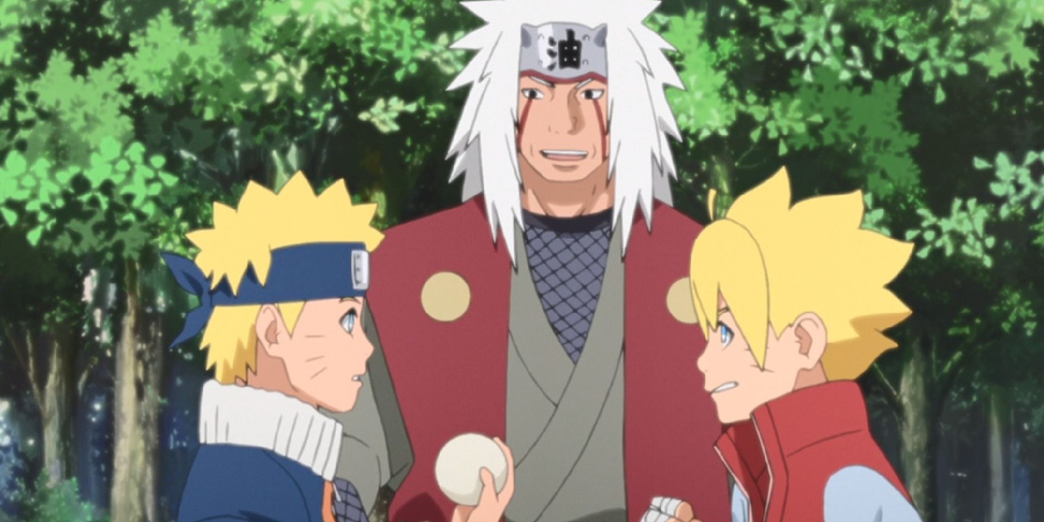 Screenshot from the Boruto anime shows a young Genin Naruto holding a rubber ball while a frustrated Boruto stands in front of him. Jiraiya stands behind them.