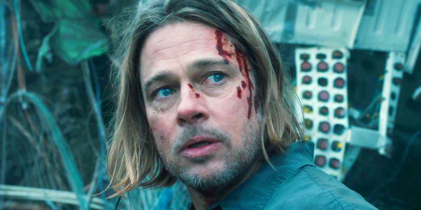 Brad Pitt with blood on his face in World War Z.