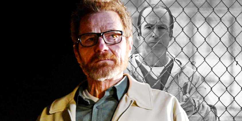 Custom image of Bryan Cranston as Walter White in Breaking Bad juxtaposed with Bob Odenkirk as Saul Goodman in Better Call Saul.