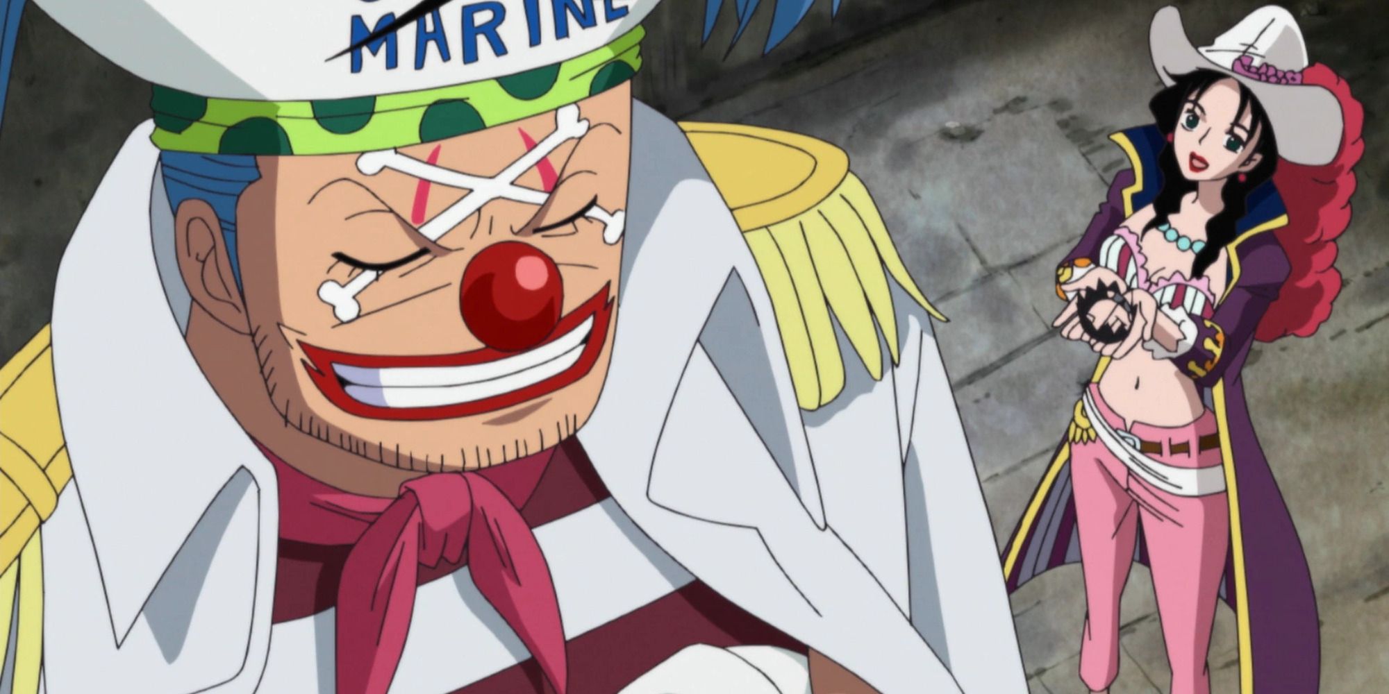 Buggy and Alvida smiling and Allying in the One Piece Anime