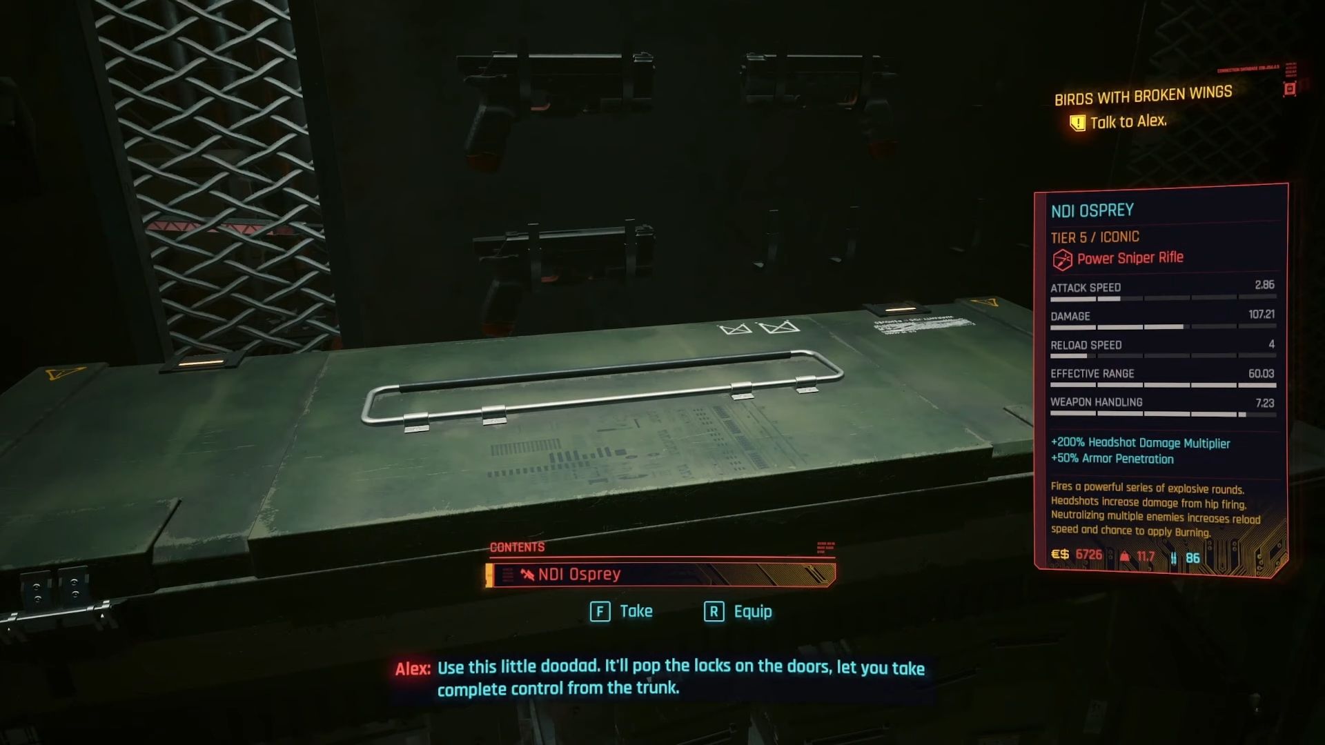 A closed weapon case with a lootable item, the NDI Osprey sniper rifle, highlighted in Cyberpunk 2077.