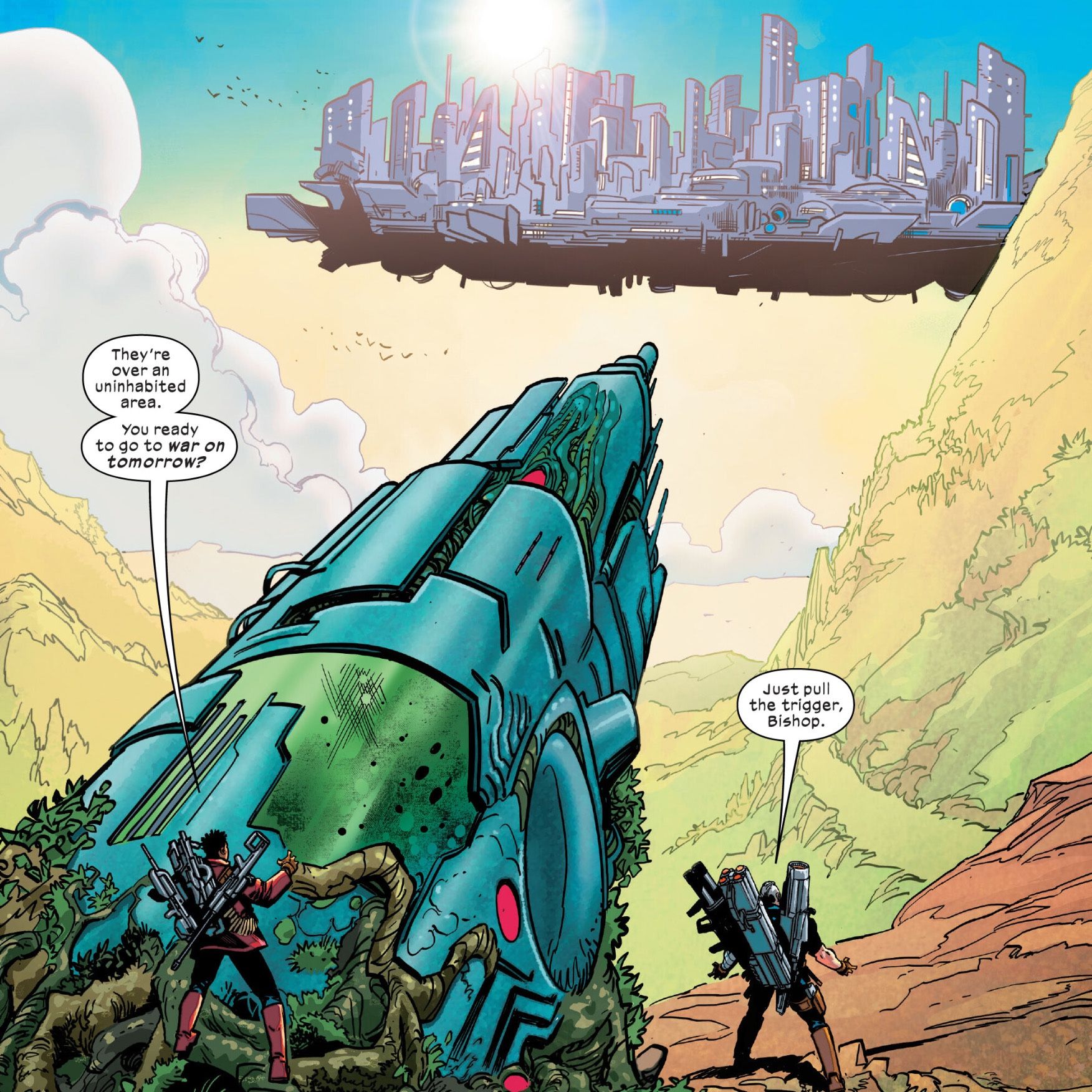 Cable and Bishop unleash a giant black hole gun on a floating city
