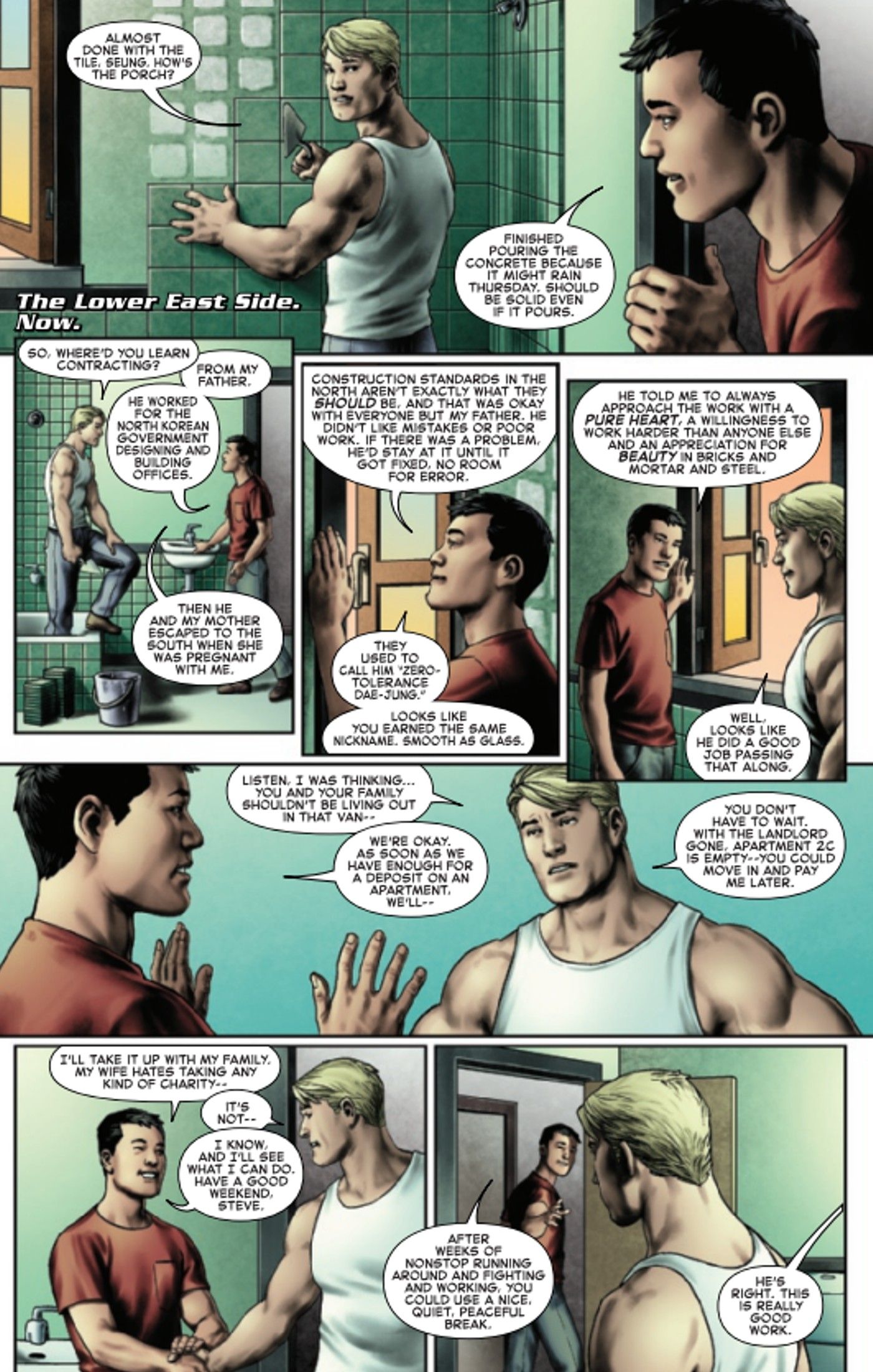 Captain America #2, landlord Cap fixing the bathroom for one of his tenants