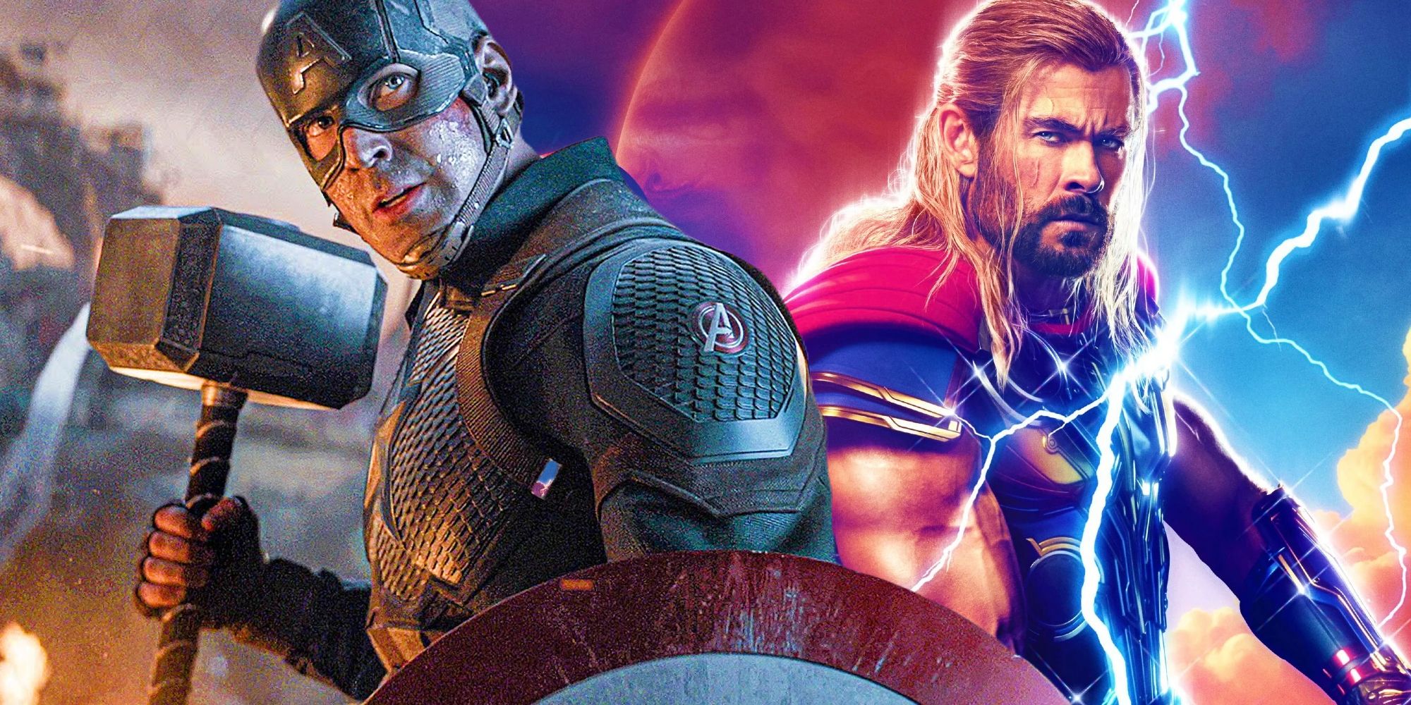 Captain America lifting Mjolnir in Avengers: Endgame next to Thor in the MCU