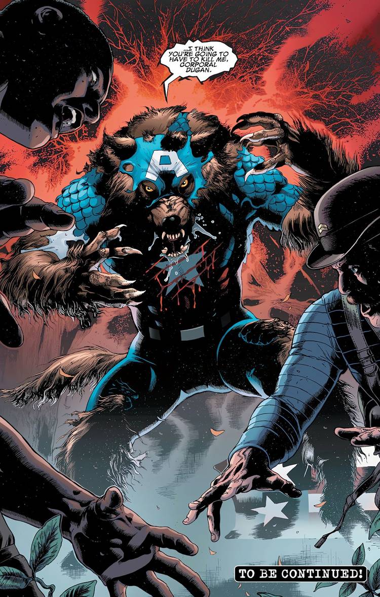 Comic book page: Captain America transforms into a werewolf.