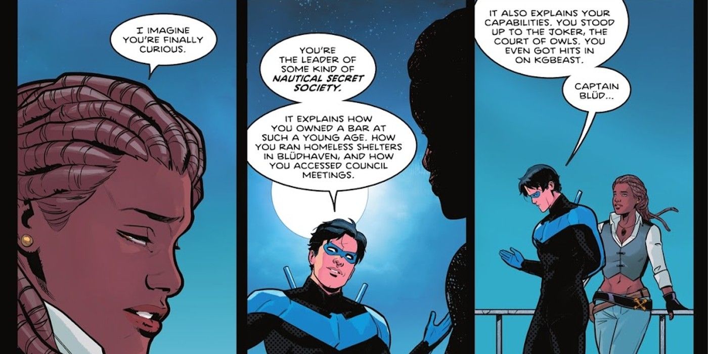 panels from Nightwing #107, Captain Blud (Bea) talks to Nightwing about her new role