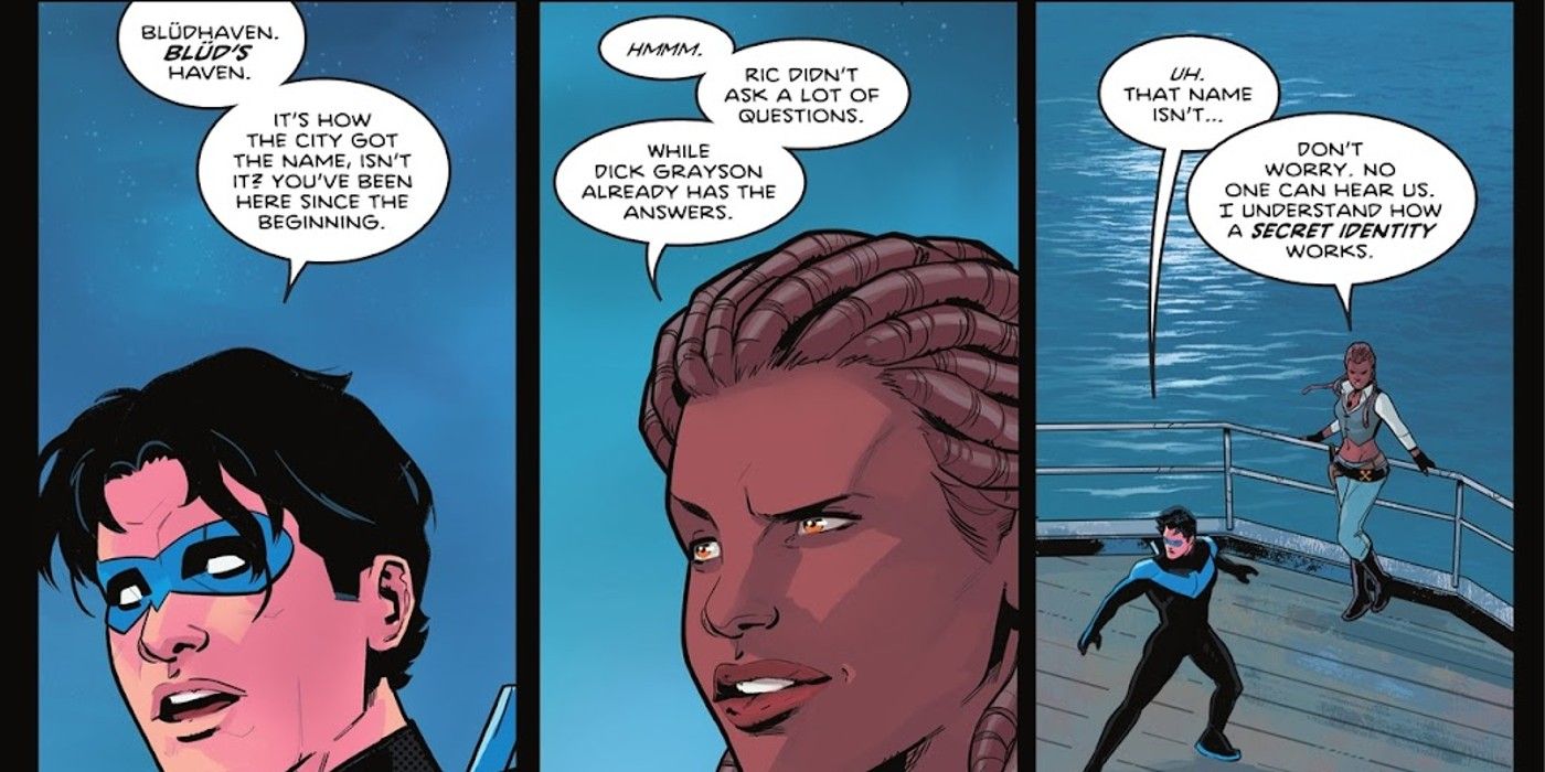 panels from Nightwing #107, Captain Blud (Bea) talks to Nightwing 
