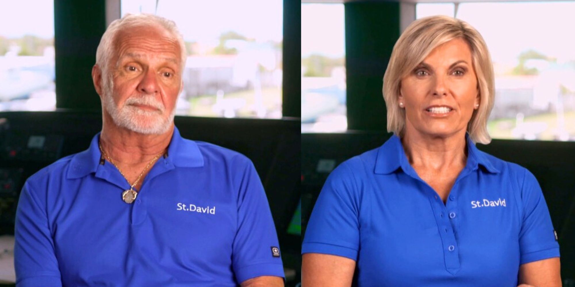 Captain Lee and Captain Sandy from the Below Deck franchise in yacht uniforms for interviews