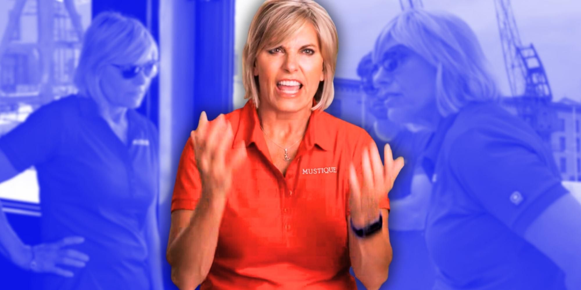 Montage of Below Deck Med's Captain Sandy in a red shirt with blue background