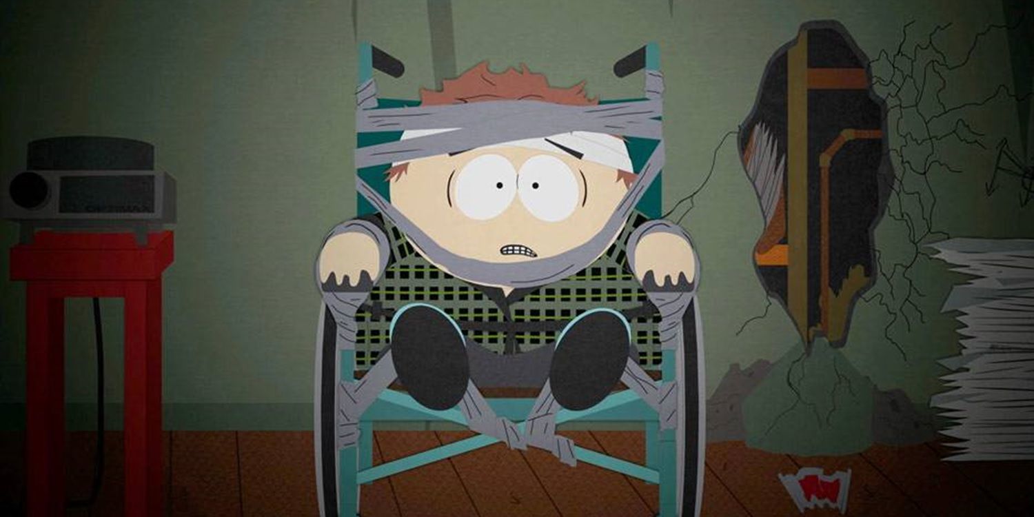 Cartman tied to a chair in South Park