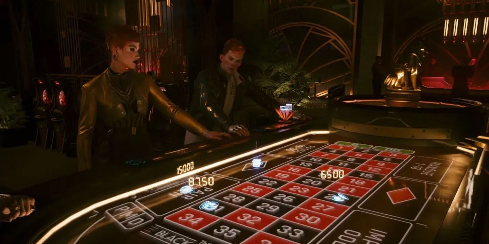 Cassel twins in phantom liberty dlc of cyberpunk 2077 standing in front of a gambling table