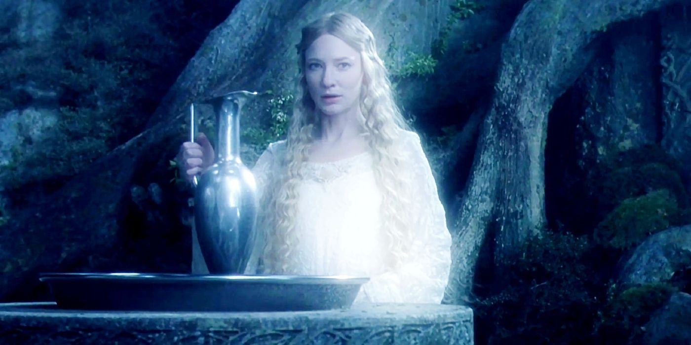 Cate Blanchett holding a water urn as Galadriel in The Lord of the Rings.