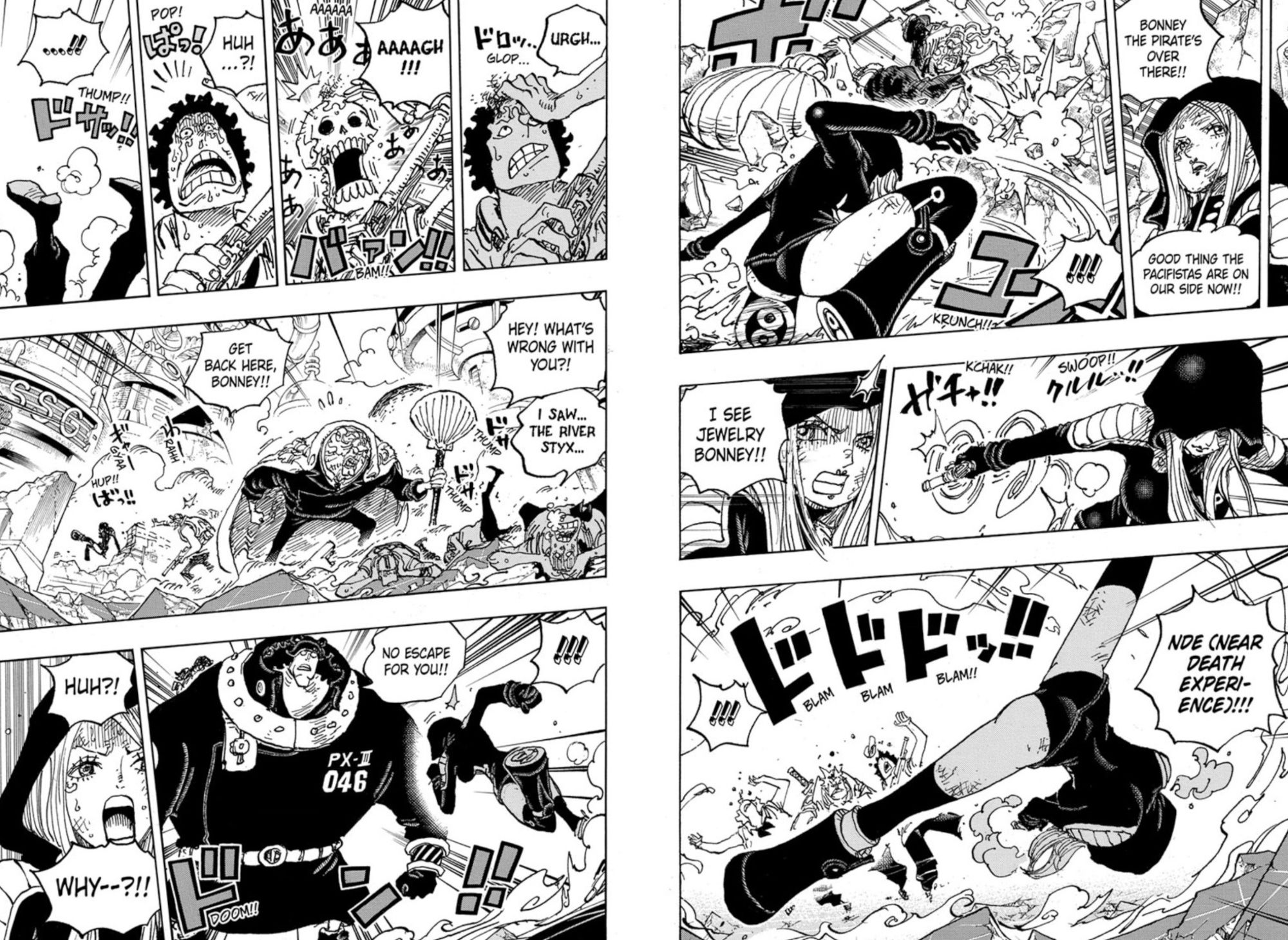 Manga panels from One Piece chapter 1094 show Jewelry Bonney attacking Marines with her Near Death Experiance attack that instantly ages them into skeletons, then back. The marines then go into extreme shock.