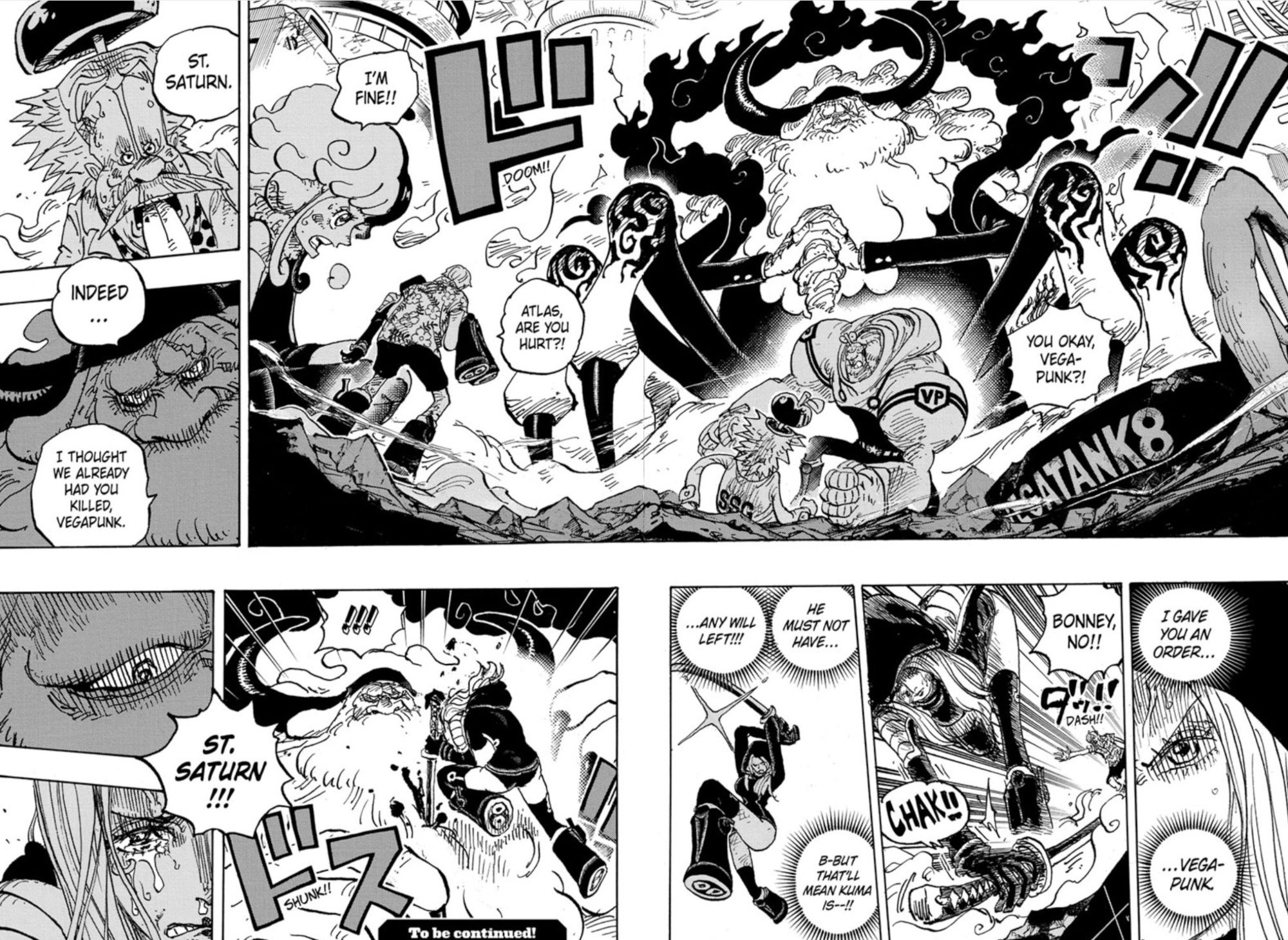 Manga panels from One Piece chapter 1094 show Bonney stabbing Elder Saturn while in his monster form.