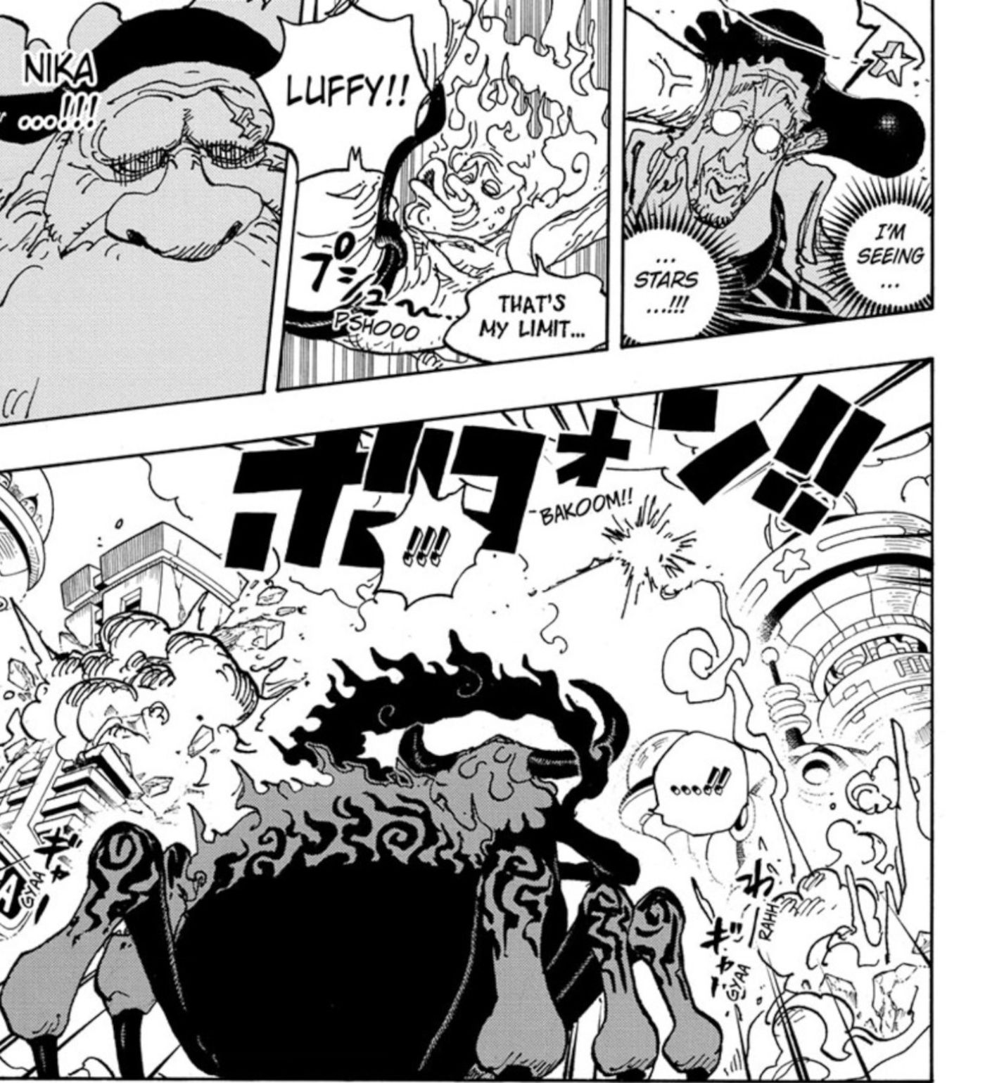Manga panels from One Piece chapter 1094 show Admiral Kizaru being punching in the head by Luffy&rsquo;s Gear 5 powers in front of Elder St. Jay Garcia Saturn.