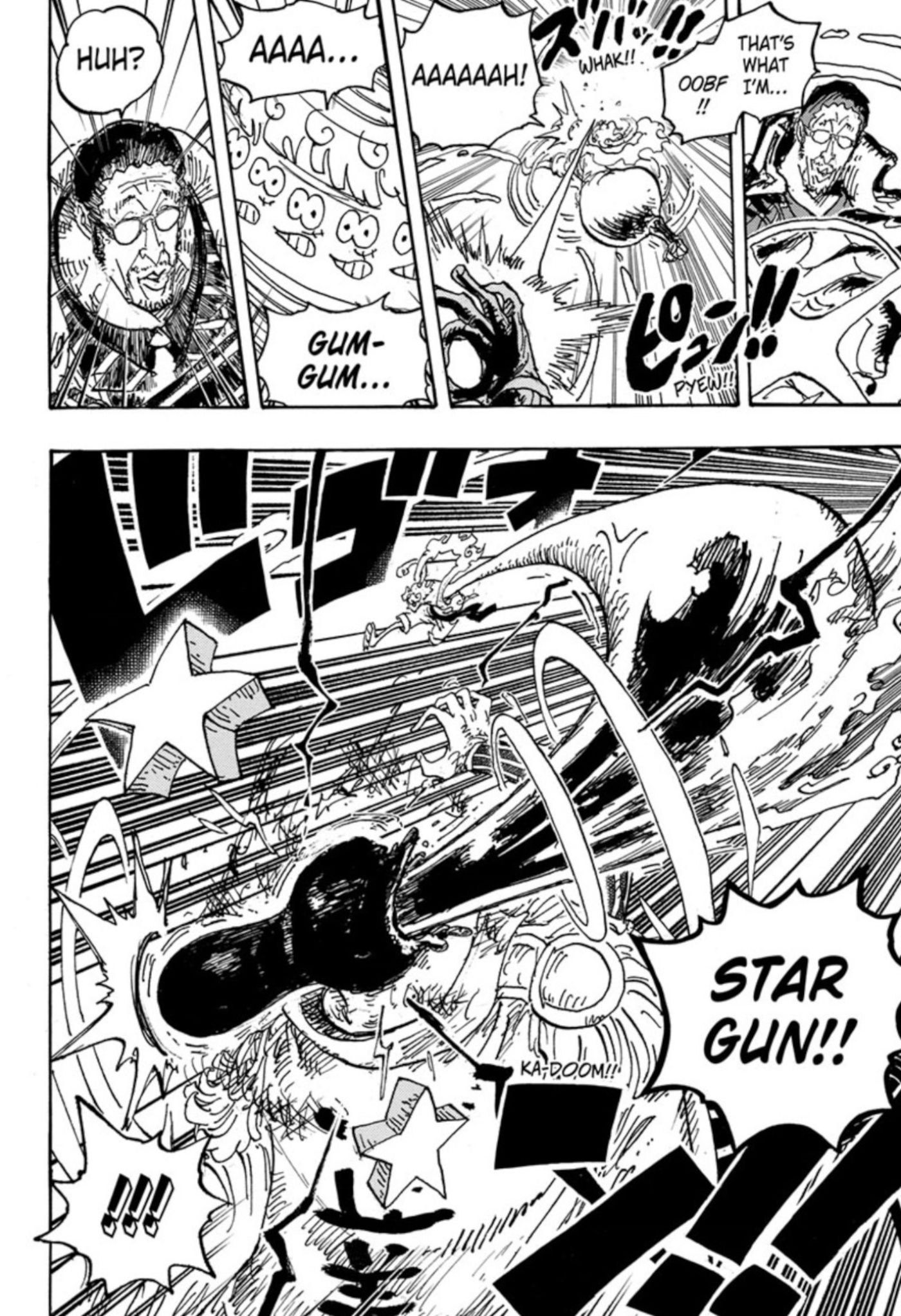 Manga panels from One Piece chapter 1094 show Gear 5 Luffy fighting Admiral Kizaru. Kizaru shoots Luffy with a laser and Luffy punches him in the head.